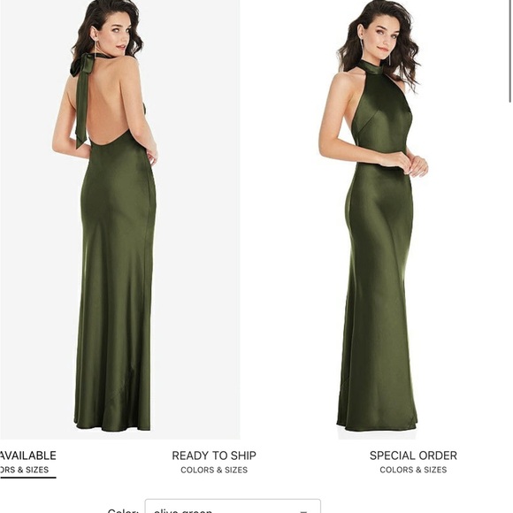 Social Bridesmaids Tie High Neck Halter Olive Green Slip Backless Maxi Dress NWT - Picture 2 of 11